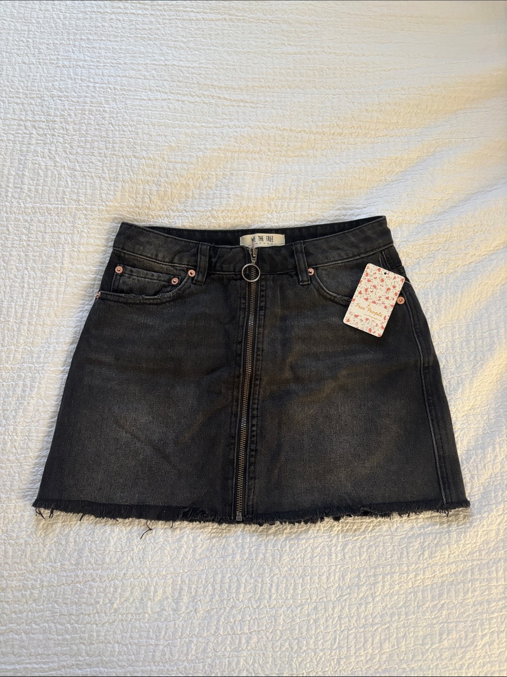 Free People Black Zip-Front Denim Mini Skirt